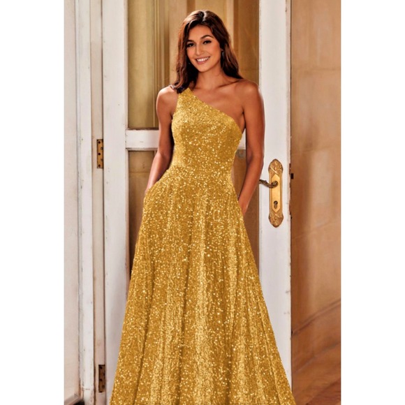NWT Stacees Gold Sequin Formal Gown Prom A-line One-Shoulder Velvet Pockets - Picture 1 of 8